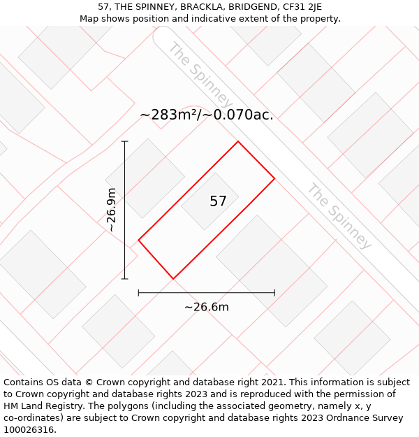 57, THE SPINNEY, BRACKLA, BRIDGEND, CF31 2JE: Plot and title map