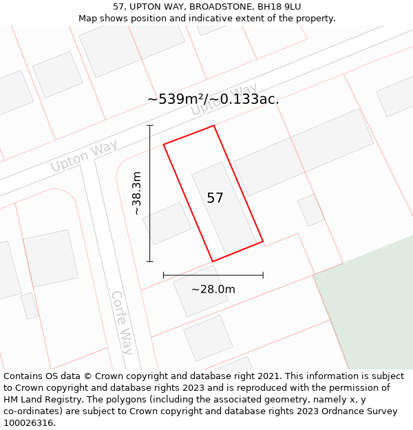 57, UPTON WAY, BROADSTONE, BH18 9LU: Plot and title map