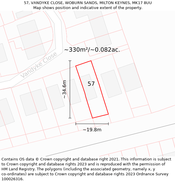 57, VANDYKE CLOSE, WOBURN SANDS, MILTON KEYNES, MK17 8UU: Plot and title map