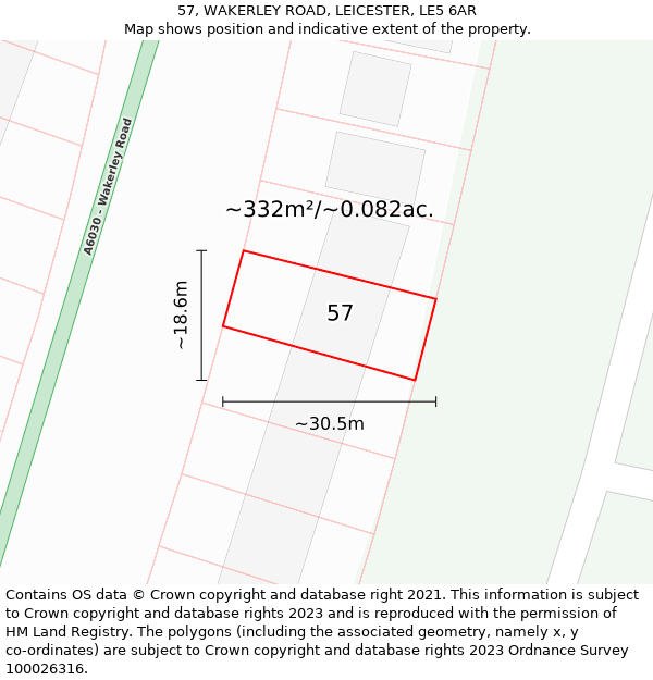 57, WAKERLEY ROAD, LEICESTER, LE5 6AR: Plot and title map