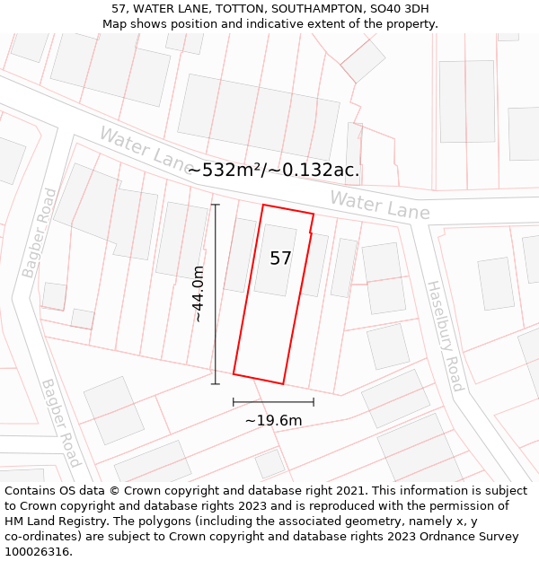 57, WATER LANE, TOTTON, SOUTHAMPTON, SO40 3DH: Plot and title map