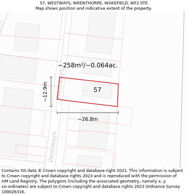 57, WESTWAYS, WRENTHORPE, WAKEFIELD, WF2 0TE: Plot and title map