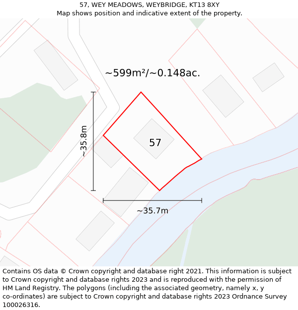 57, WEY MEADOWS, WEYBRIDGE, KT13 8XY: Plot and title map