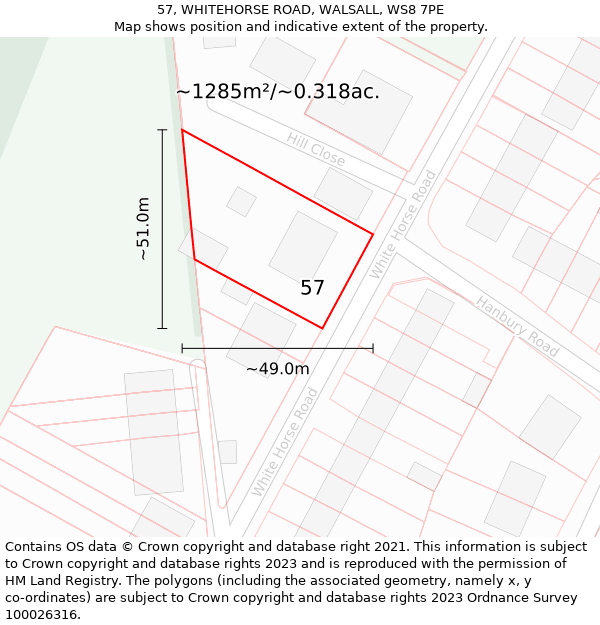 57, WHITEHORSE ROAD, WALSALL, WS8 7PE: Plot and title map