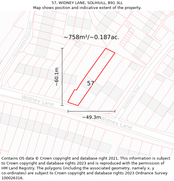 57, WIDNEY LANE, SOLIHULL, B91 3LL: Plot and title map