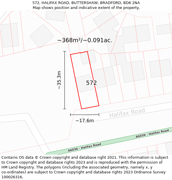 572, HALIFAX ROAD, BUTTERSHAW, BRADFORD, BD6 2NA: Plot and title map