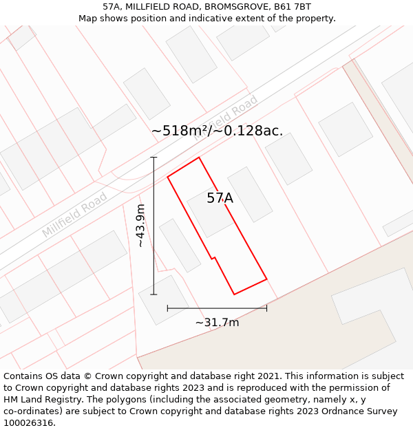 57A, MILLFIELD ROAD, BROMSGROVE, B61 7BT: Plot and title map