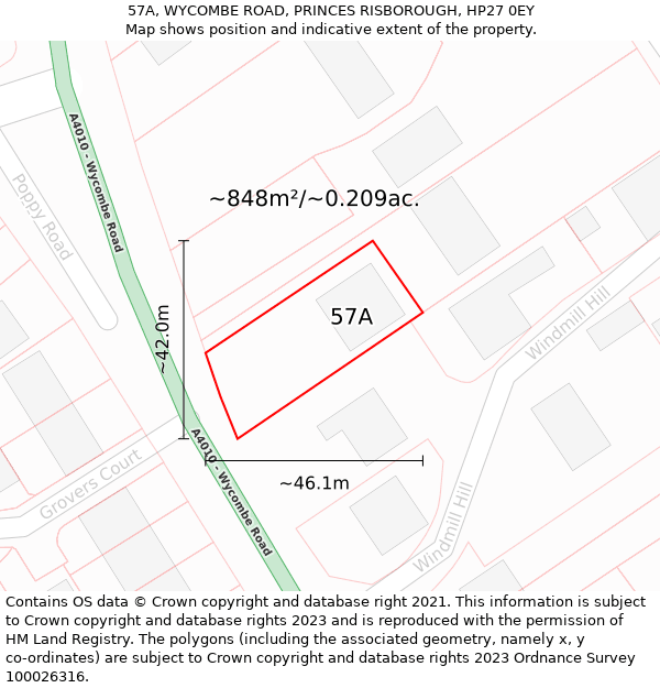 57A, WYCOMBE ROAD, PRINCES RISBOROUGH, HP27 0EY: Plot and title map