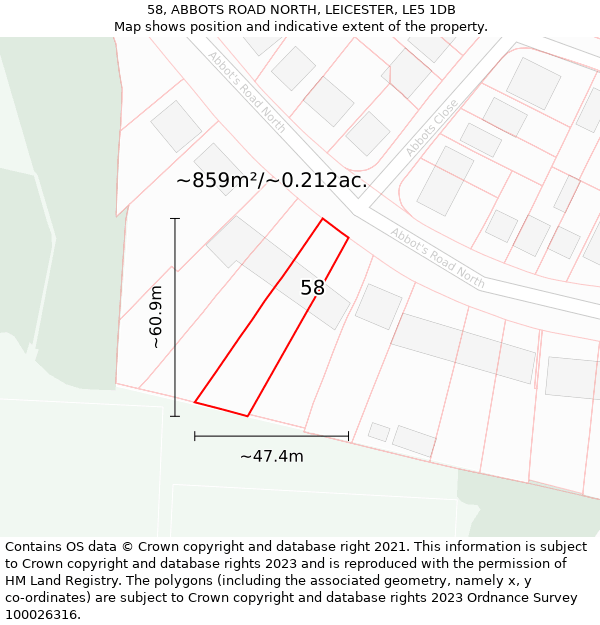 58, ABBOTS ROAD NORTH, LEICESTER, LE5 1DB: Plot and title map