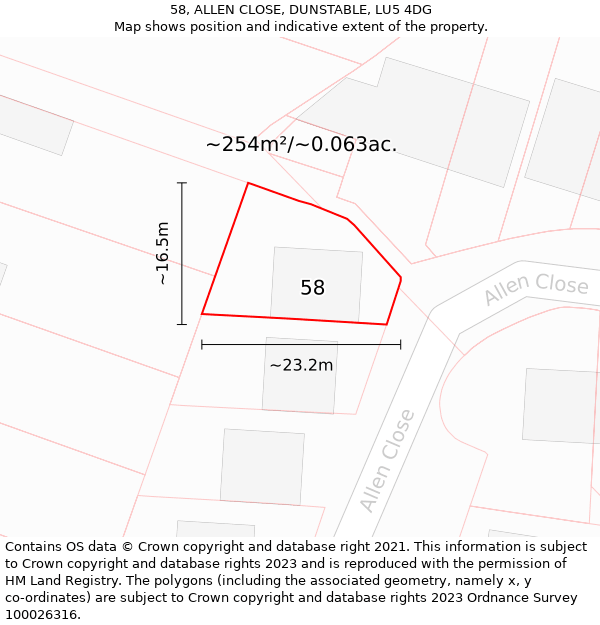 58, ALLEN CLOSE, DUNSTABLE, LU5 4DG: Plot and title map