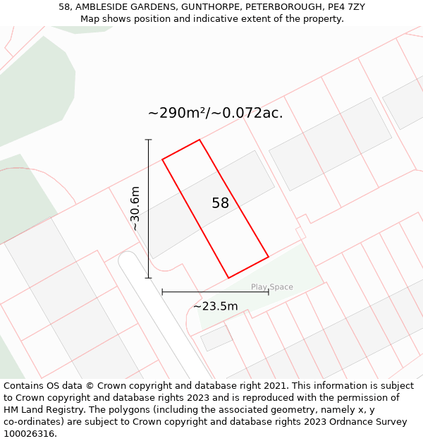 58, AMBLESIDE GARDENS, GUNTHORPE, PETERBOROUGH, PE4 7ZY: Plot and title map