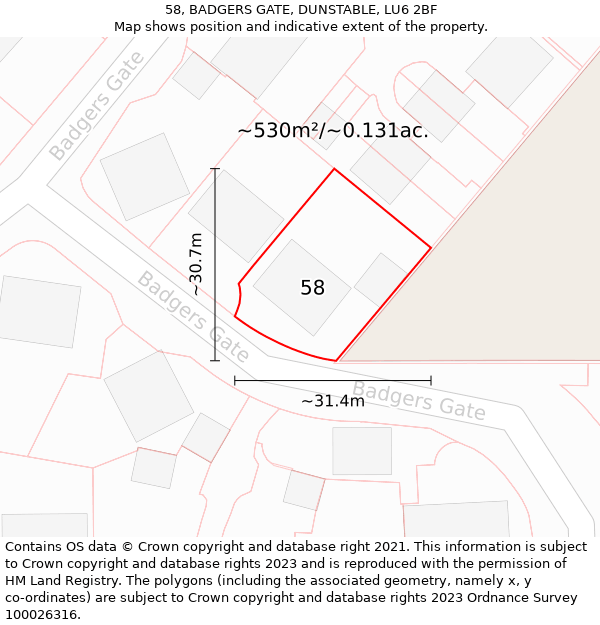 58, BADGERS GATE, DUNSTABLE, LU6 2BF: Plot and title map