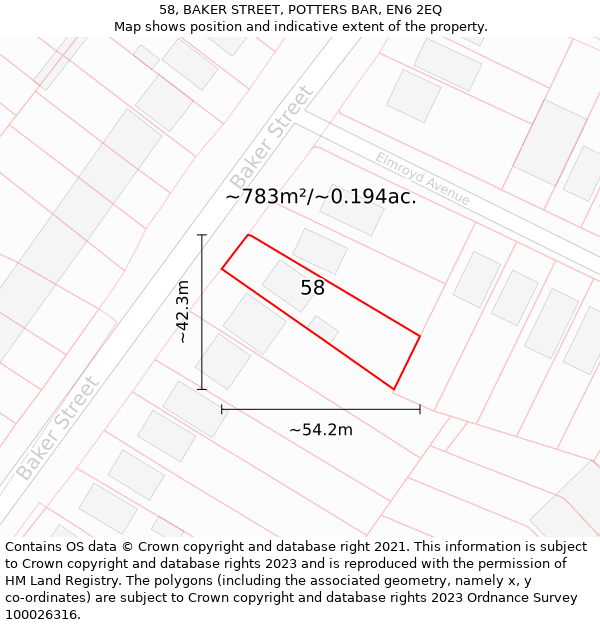 58, BAKER STREET, POTTERS BAR, EN6 2EQ: Plot and title map