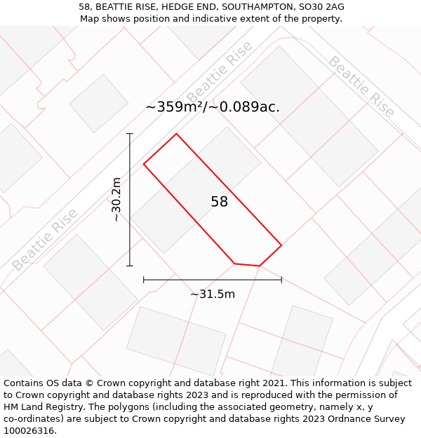 58, BEATTIE RISE, HEDGE END, SOUTHAMPTON, SO30 2AG: Plot and title map