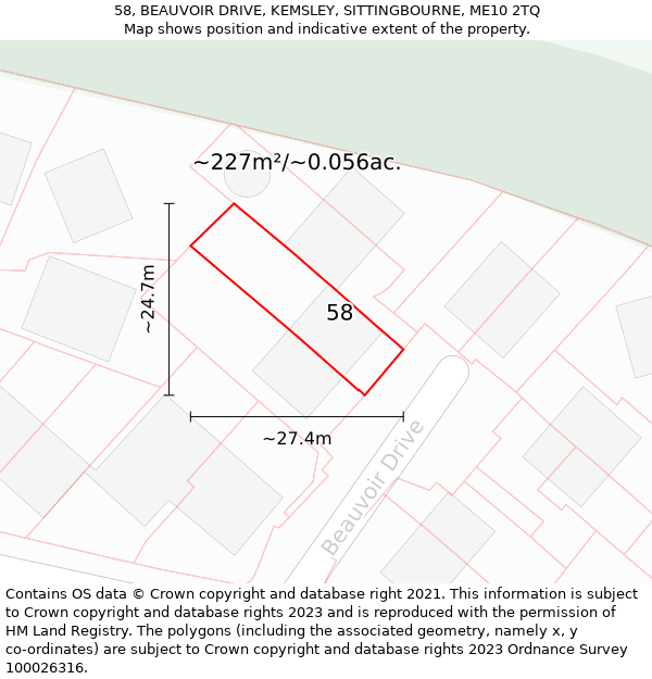 58, BEAUVOIR DRIVE, KEMSLEY, SITTINGBOURNE, ME10 2TQ: Plot and title map