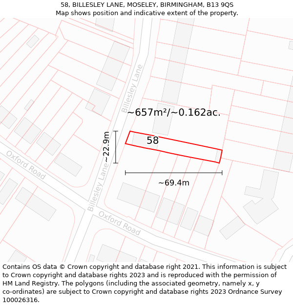 58, BILLESLEY LANE, MOSELEY, BIRMINGHAM, B13 9QS: Plot and title map