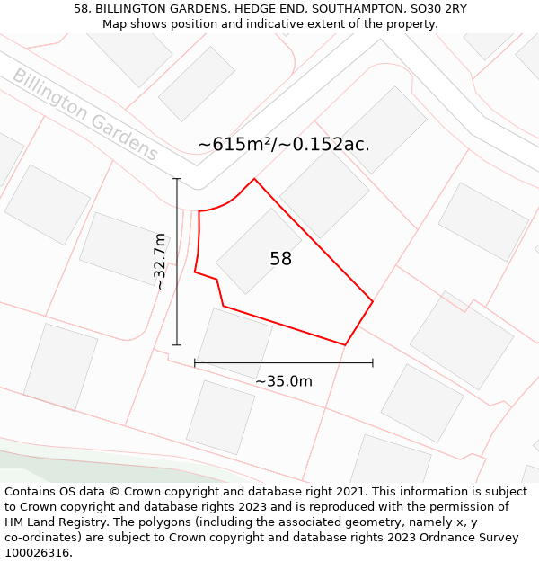 58, BILLINGTON GARDENS, HEDGE END, SOUTHAMPTON, SO30 2RY: Plot and title map