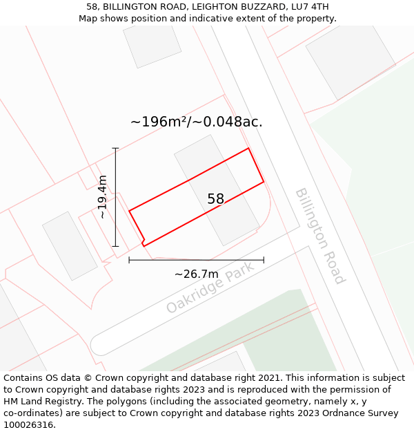 58, BILLINGTON ROAD, LEIGHTON BUZZARD, LU7 4TH: Plot and title map