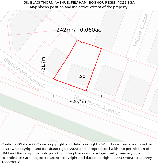 58, BLACKTHORN AVENUE, FELPHAM, BOGNOR REGIS, PO22 8GA: Plot and title map