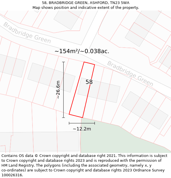 58, BRADBRIDGE GREEN, ASHFORD, TN23 5WA: Plot and title map
