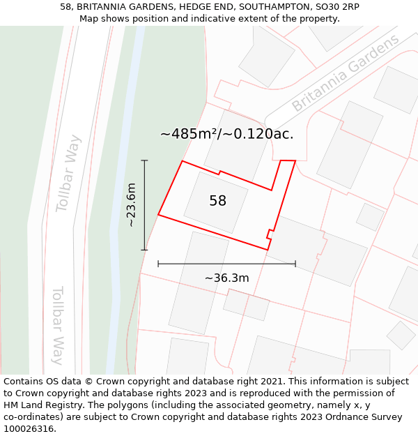 58, BRITANNIA GARDENS, HEDGE END, SOUTHAMPTON, SO30 2RP: Plot and title map