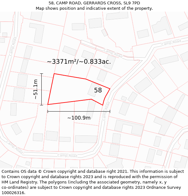 58, CAMP ROAD, GERRARDS CROSS, SL9 7PD: Plot and title map