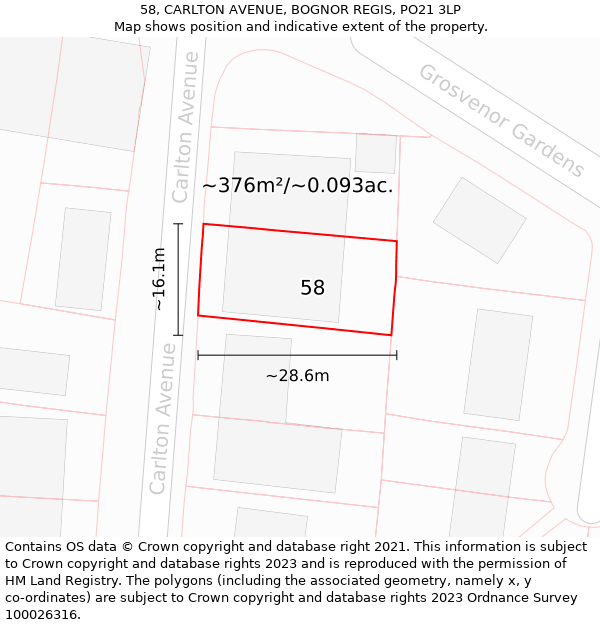 58, CARLTON AVENUE, BOGNOR REGIS, PO21 3LP: Plot and title map