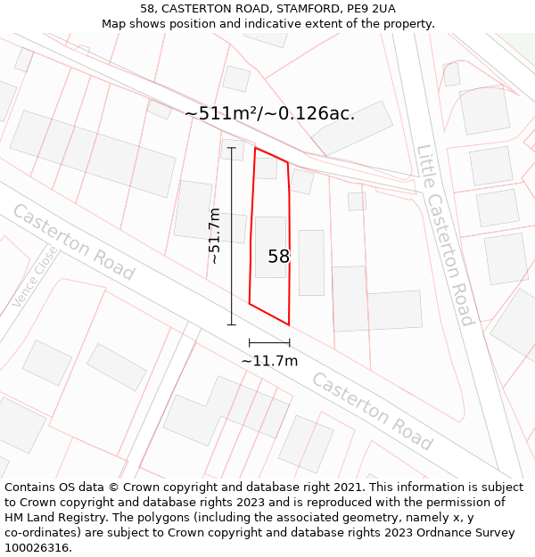 58, CASTERTON ROAD, STAMFORD, PE9 2UA: Plot and title map