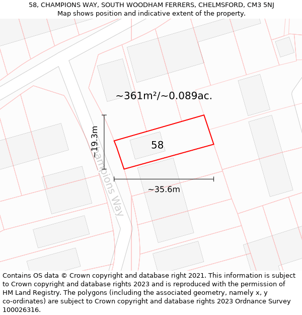 58, CHAMPIONS WAY, SOUTH WOODHAM FERRERS, CHELMSFORD, CM3 5NJ: Plot and title map