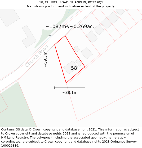 58, CHURCH ROAD, SHANKLIN, PO37 6QY: Plot and title map