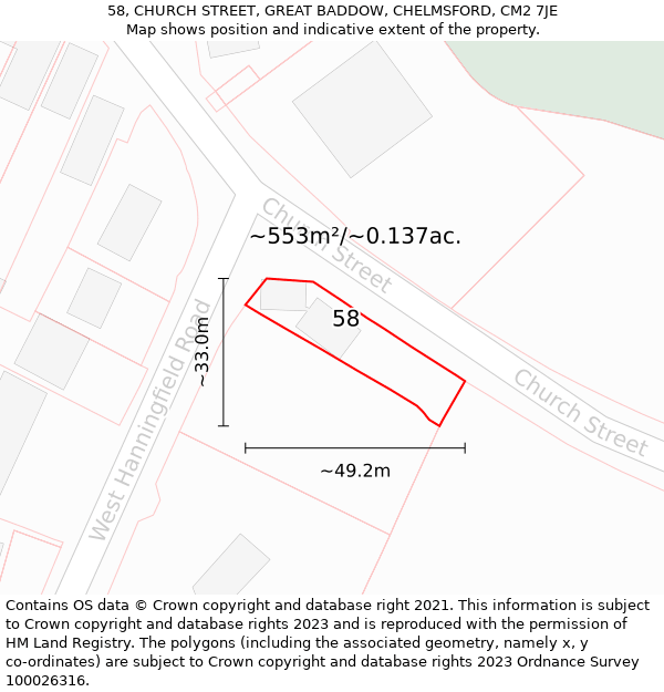 58, CHURCH STREET, GREAT BADDOW, CHELMSFORD, CM2 7JE: Plot and title map