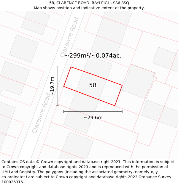 58, CLARENCE ROAD, RAYLEIGH, SS6 8SQ: Plot and title map