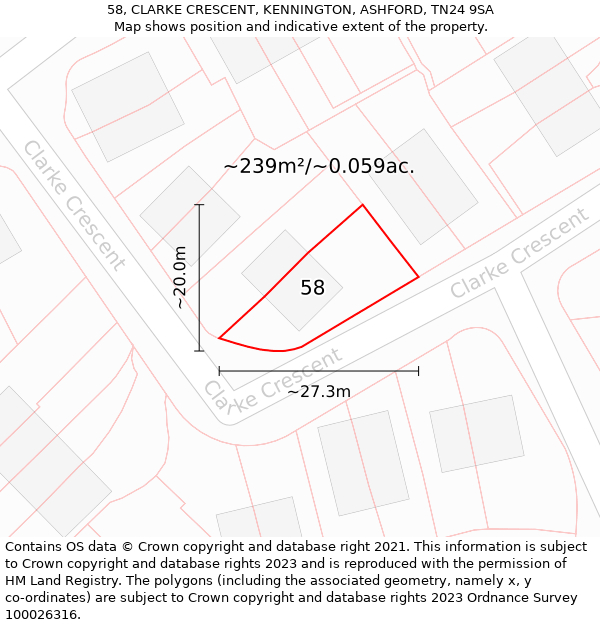 58, CLARKE CRESCENT, KENNINGTON, ASHFORD, TN24 9SA: Plot and title map