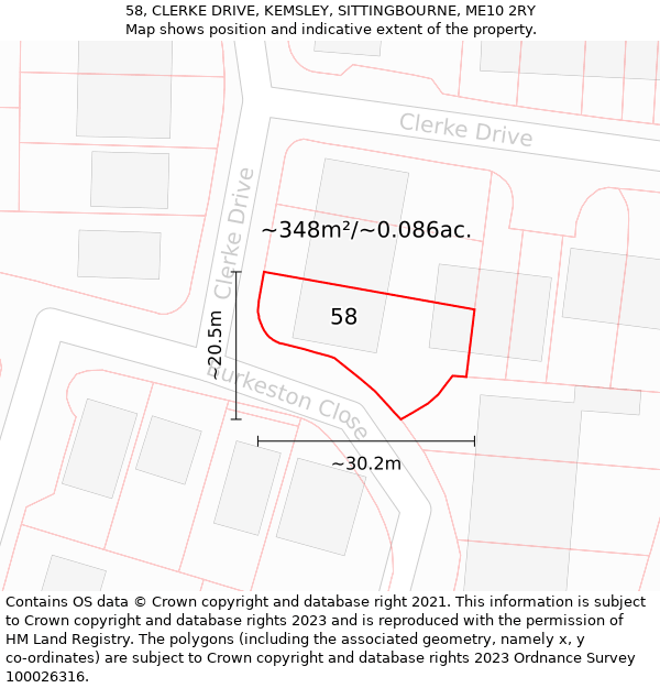 58, CLERKE DRIVE, KEMSLEY, SITTINGBOURNE, ME10 2RY: Plot and title map