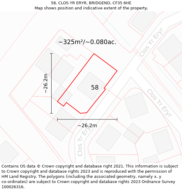 58, CLOS YR ERYR, BRIDGEND, CF35 6HE: Plot and title map