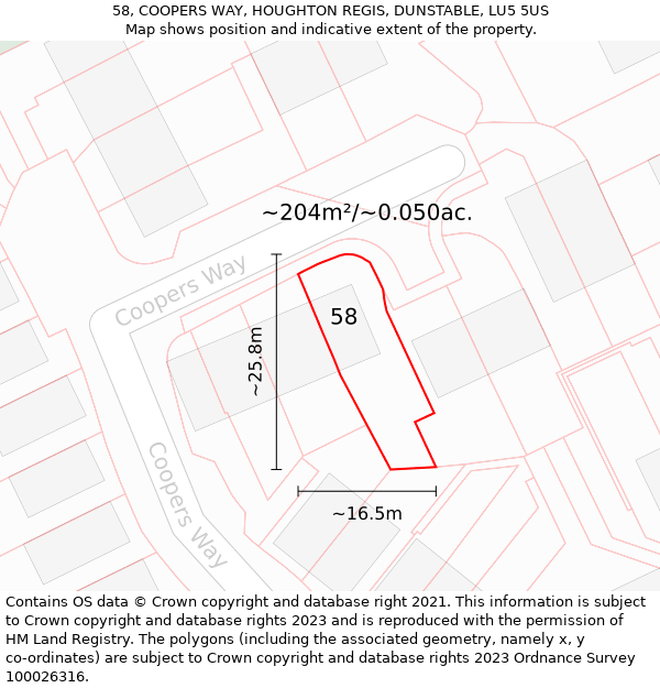 58, COOPERS WAY, HOUGHTON REGIS, DUNSTABLE, LU5 5US: Plot and title map