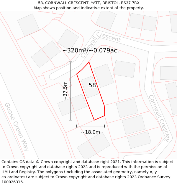 58, CORNWALL CRESCENT, YATE, BRISTOL, BS37 7RX: Plot and title map