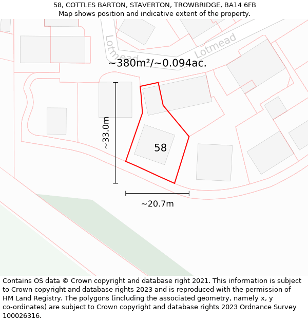 58, COTTLES BARTON, STAVERTON, TROWBRIDGE, BA14 6FB: Plot and title map