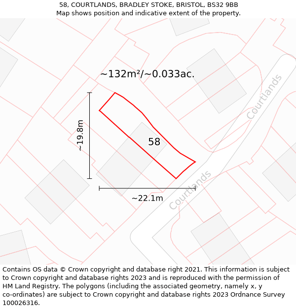 58, COURTLANDS, BRADLEY STOKE, BRISTOL, BS32 9BB: Plot and title map