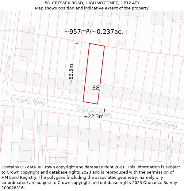 58, CRESSEX ROAD, HIGH WYCOMBE, HP12 4TY: Plot and title map