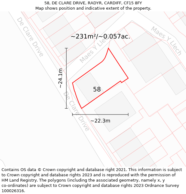 58, DE CLARE DRIVE, RADYR, CARDIFF, CF15 8FY: Plot and title map