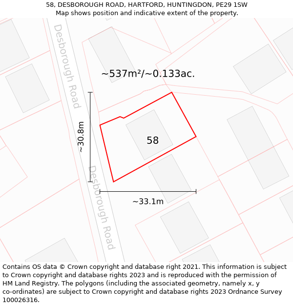 58, DESBOROUGH ROAD, HARTFORD, HUNTINGDON, PE29 1SW: Plot and title map