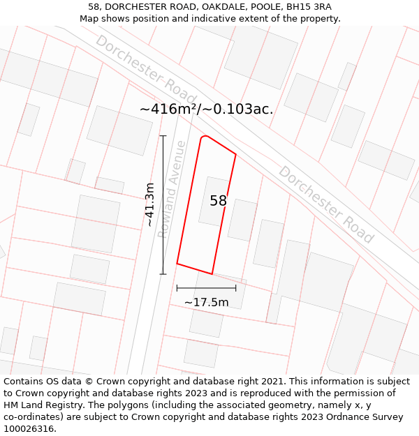 58, DORCHESTER ROAD, OAKDALE, POOLE, BH15 3RA: Plot and title map