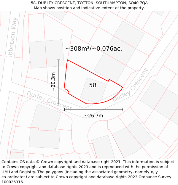 58, DURLEY CRESCENT, TOTTON, SOUTHAMPTON, SO40 7QA: Plot and title map