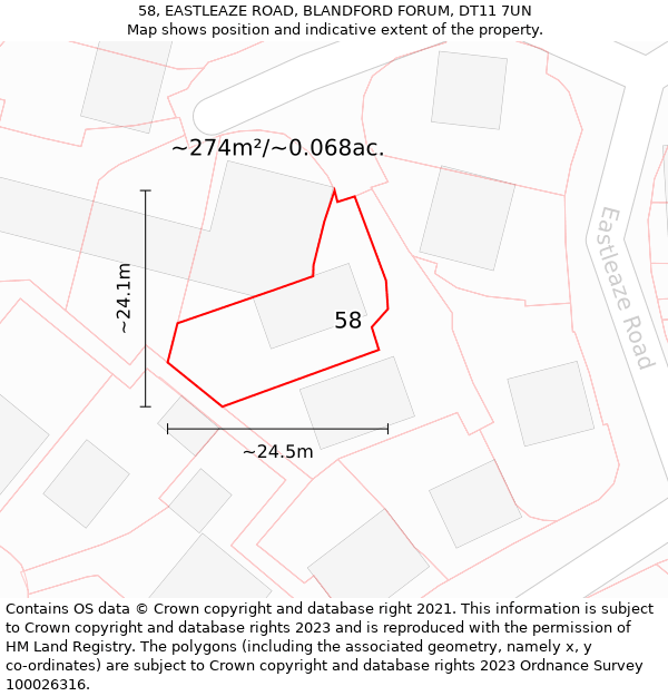 58, EASTLEAZE ROAD, BLANDFORD FORUM, DT11 7UN: Plot and title map