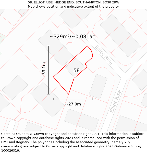 58, ELLIOT RISE, HEDGE END, SOUTHAMPTON, SO30 2RW: Plot and title map