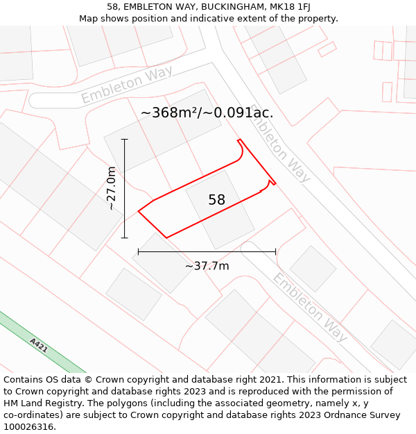 58, EMBLETON WAY, BUCKINGHAM, MK18 1FJ: Plot and title map