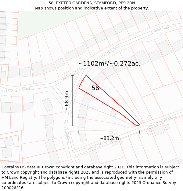 58, EXETER GARDENS, STAMFORD, PE9 2RN: Plot and title map