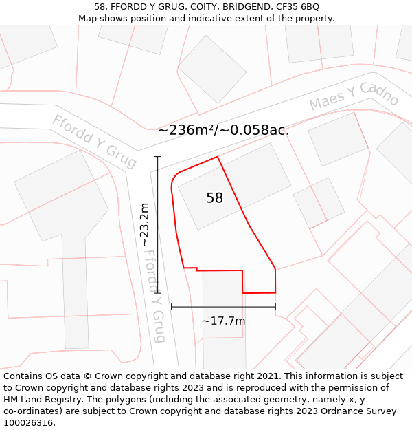 58, FFORDD Y GRUG, COITY, BRIDGEND, CF35 6BQ: Plot and title map