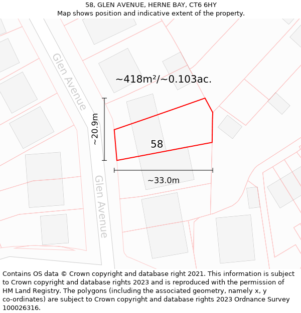 58, GLEN AVENUE, HERNE BAY, CT6 6HY: Plot and title map